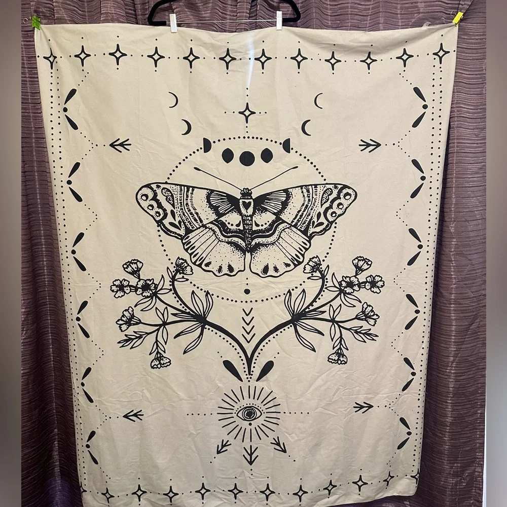 50” x 60” ivory tapestry- black moon, moth and flower pattern